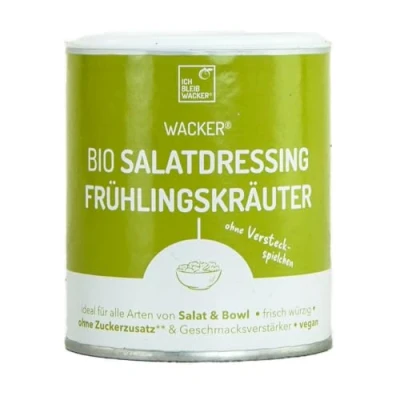 Afbeelding van Wacker Biologische lentekruiden dressing 150 g. Vast product voor salades en kommen. Geeft 37 porties. 100% natuurlijk, geen toegevoegde suiker of smaakversterkers. Veganistisch glutenvrij.