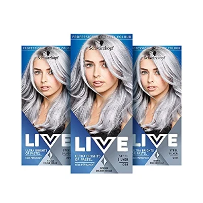 Afbeelding van Schwarzkopf LIVE Ultra Bright of Pastel Grey haarverf, pack van 3, de semi permanente kleur gaat tot 15 wasbeurten mee 098 Silver Steel