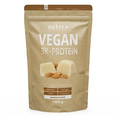 Afbeelding van nutri+ Vegan 3K Protein Eiwitpoeder Marsepein Veganistisch proteïne poeder met proteïnen uit soja, erwten en zonnebloem lactosevrij glutenvrij 1000 g