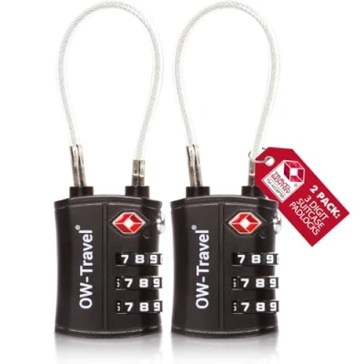 Afbeelding van OW Travel TSA kabelslot voor koffer. Hangslot 3 cijferige code diefstalbeveiliging bagage kluisje opslag tent camping combinatie USA. Accessoires reizen vliegtuig: kofferslot