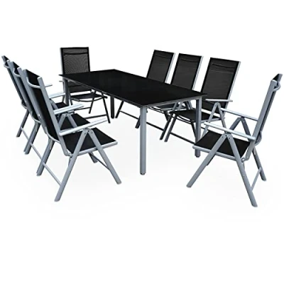 Afbeelding van Casaria Tuinset Bern 8+1 Aluminium 7 voudige Verstelbaar Hoge Rugleuning Stoelen Tafel 5mm Veiligheidsglas Tuin Set Zilver