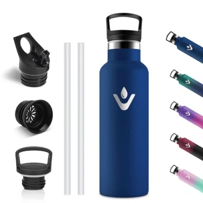 Afbeelding van Vikastar Roestvrijstalen thermosfles, 500 ml, BPA vrij, met rietje, voor school, sport, fietsen, kamperen, donkerblauw
