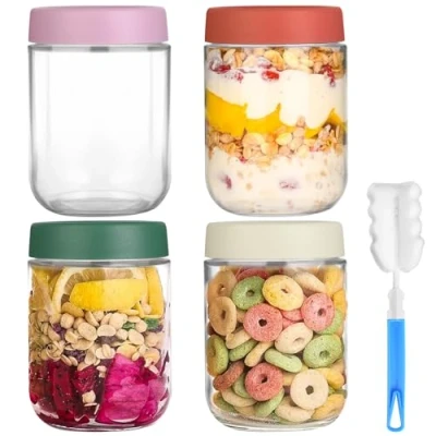Afbeelding van RMIVEGLIA overnight oats 4 x 500 ml weckpotten met schroefdeksel, herbruikbaar, deksel, ideaal als voorraadpotten en containers voor de bereiding
