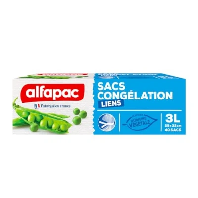 Afbeelding van ALFAPAC 40 diepvrieszakken met binding, middelgroot, grote opening, milieuvriendelijk, gemaakt in Frankrijk