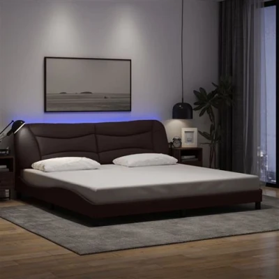 Afbeelding van vidaXL Cadre de Lit avec Lumières LED, Double Coussin Tête Lit, Adulte, Meuble Chambre, Moderne, Marron Foncé 200x200 cm Tissu