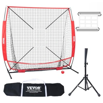 Image de VEVOR Filet d&#039;Entraînement de Baseball Softball 153,4 x 153 cm Lancement pour Portable avec Support Frappe Cible et Sac Transport Lanceur Receveur Extérieur