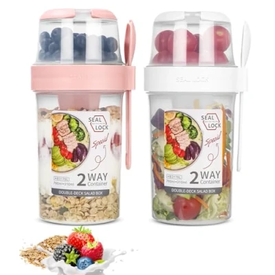 Afbeelding van SinLaw Draagbare mueslibeker 310 + 560 ml, ontwerp met dubbele afdichting, 2 in 1 yoghurtglazen, herbruikbaar, muesliglazen om mee te nemen (wit roze (310 ml 760 ml)