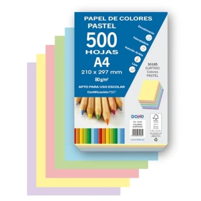 Afbeelding van Dohe 500 vellen pastelkleuren 5 verschillende kleuren, A4 papier (21 x 29,7 cm), dikte 80 g/m², om af te drukken, tekenen, knutselen, decoratie, binden