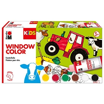 Afbeelding van Marabu 030600000010 kinderen raamverf set van 6 x 80 ml a3 flesjes met 25 designs en a4 film op waterbasis geschikt voor glas, spiegel, tegels