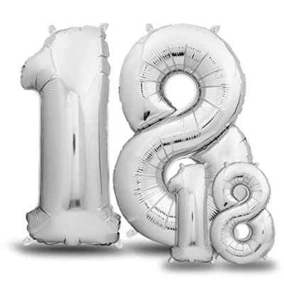 Afbeelding van envami® Verjaardagsballon, 18 jaar, zilver, 101 + 40 cm, cijferballon, decoratieve verjaardagsset voor dames en heren, Happy Birthday decoratie/ ballon, zweeft dankzij helium