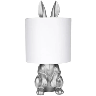 Afbeelding van BRUBAKER Tafel of Nachtlamp Zilver Konijn Tafellamp met Keramische Voet en Stoffen Kap 42 cm Hoog, Wit