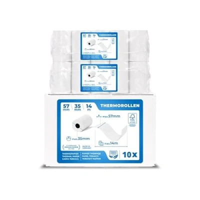 Afbeelding van 10 stuks EC Cash thermische rollen, breedte 57 mm, diameter 35 schachtdiameter 12 lengte 14 m, voor ticketprinters, terminals enz.