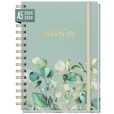 Afbeelding van Internationale agenda 2025/2026, DIN A5, Minty Leaves, weekplanner voor 18 maanden (juli 25 december 26) in talen: EN/FR/IT/ES duurzaam en klimaatvriendelijk