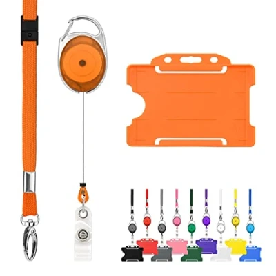 Afbeelding van CKB ltd oprolbare kaarthouder inclusief kaarthouder, keycord en afrolmechanisme pashouder badgehouder pasjes sleutelhanger met koord lanyard keykoord sleutelkoord trekkoord badge uittrekbare skipashouder badges naambadge houder keycords key Oranje