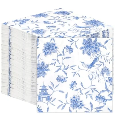 Afbeelding van Talking Tables 100 stuks Chinese blauwe zachte papieren servetten voor verjaardagen, bruiloften, Kerstmis, catering, servies, wegwerp, recyclebaar, gemaakt in de EU, 2 lagen, 33 cm
