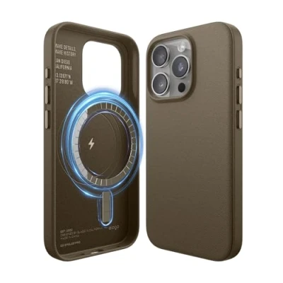 Afbeelding van elago Magnetische lederen hoes, compatibel met iPhone 15 Pro, MagSafe, hoogwaardig veganistisch kunstleer, ingebouwde sterke magneten, volledige beschermhoes
