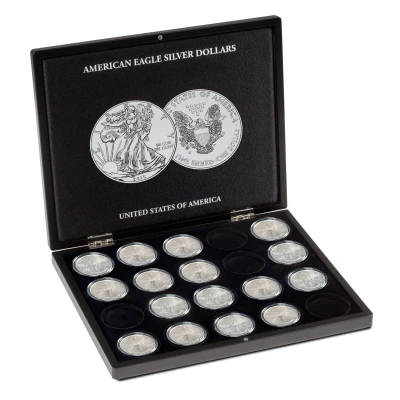 Afbeelding van Leuchtturm Leuchtturm, Presentatie cassette, Volterra Uno voor Munten American Eagle, 1 oz Silver in capsules (20 st.) Zwart afm: 305x245x30 mm.