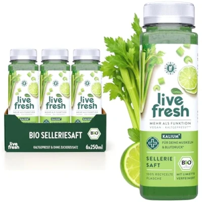 Afbeelding van LiveFresh Biologisch selderijsap koudgeperst 97% selderijsap, 3% limoensap zonder toegevoegde suiker Groentesap met kalium, calcium en vitamine K 6 x 250ml