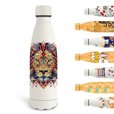 Afbeelding van Grsta Thermosfles voor kinderen 500 ml, gepersonaliseerde fles met leeuw, lekvrije metalen fles, BPA vrij, gemakkelijk mee te nemen, school, kantoor, camping, wit