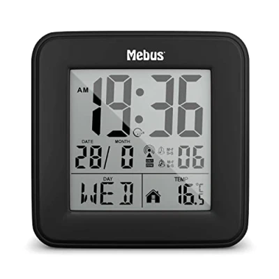 Afbeelding van MEBUS Digitale Funk Wecker met thermometer, verlichting en kalender, compact stabiel/kleur: zwart/model: 25595