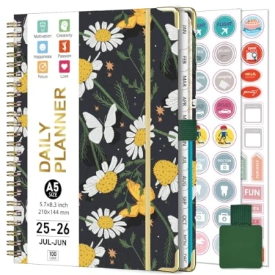 Afbeelding van Gumiho Weekkalender 2025 2026, spiraalbinding, A5 planner (juli juni 2026), 12 maanden, schoolagenda met penlus en planstickers (madeliefje)