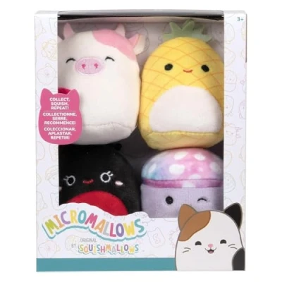Image de Squishmallows Micromallows Original Lot de 4 peluches Coccinelle Trudy, vache Caedyn, ananas Maui et champignon Minya