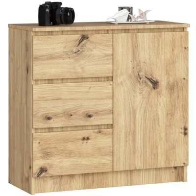 Afbeelding van AKORD K 80 Jerry Commode met 3 laden, 2 planken en 1 deur, voor woonkamer, slaapkamer, modern, gelamineerde plaat 16 mm, x 77 35 cm, ambachtelijk eiken
