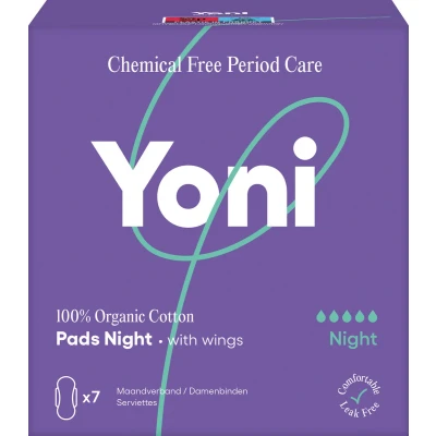 Afbeelding van Yoni Maandverband Night met vleugels 100% Biologisch Katoen 7 stuks