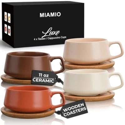 Afbeelding van MIAMIO Set van 4 Keramische theekopjes en schoteltjes 320 ml Bamboe Grote cappuccinokop koffiemok voor cappuccino, latte, espresso Americano Luxe collectie