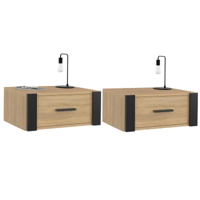 Image de Lot de 2 tables chevet murales ONYX 1 tiroir étagère suspendue bois et noir