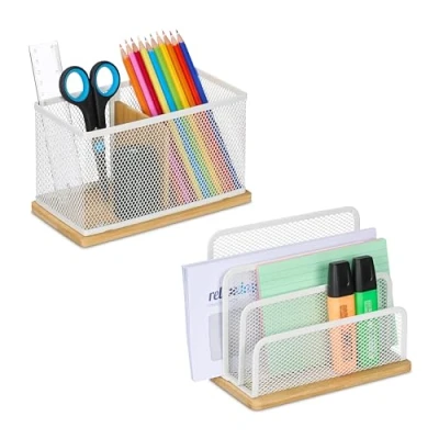 Afbeelding van bureau organizer set 2 delig metaal pennenhouder brievenhouder wit