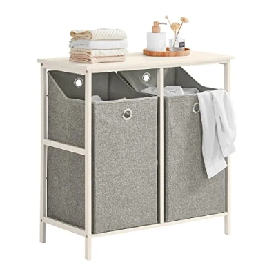 Afbeelding van SoBuy Vrijstaande Wasmand, Wasmand voor vuile was in de wasruimte, met Legplank, 2 Compartimenten en Verwijderbare Linnenzakken, 77x38x80cm, Wit Grijs, BZR57 W