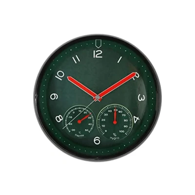 Afbeelding van MPM Quality Design wandklok van kunststof, groen, stappenmotor, hygrometer, thermometer, temperatuur en vochtigheidsweergave, originele wijzerplaat, E01.3084.40, diameter 314 x 45 mm