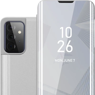 Afbeelding van Cadorabo Hoesje geschikt voor Samsung Galaxy A72 4G / 5G in AGAAT ZILVER Clear View Spiegel Beschermende Case met Tribunefunctie 360 Graden Bescherming Book Cover Etui