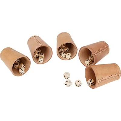 Afbeelding van Dobbelbeker Leren standaard (9 cm) met 6 dobbelstenen 5 stuk 5902