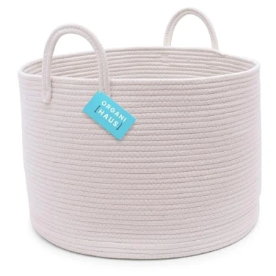 Afbeelding van OrganiHaus Opbergmand, Mand voor Speelgoed, Wasmand Gevlochten Katoen met Handvatten, Handdoekmand Badkamer, Opbergmand Woonkamer 50x33cm, OffOffWhite