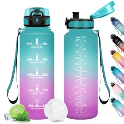 Image de bouteille d&#039;eau 1,5L avec indicateur du temps de motivation, filtre, réutilisable, à l&#039;épreuve des fuites, gourdes pour le sport, la gym, l&#039;école, gymnase, bureau,