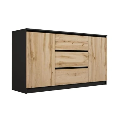 Afbeelding van 3E 3xE living.com Commode met 3 laden en 2 deuren zwart/wotan eiken, L: 140 cm, H: 101 D: 39 cm