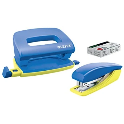 Afbeelding van Leitz Mini Nietmachine + Perforator Niet Tot 10 Vel Voor Mappen En Ringbanden Inclusief Nietjes Ideaal School Of Studie Blauw/Geel