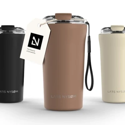Afbeelding van LARS NYSØM &#039;Rørelse&#039; Thermo Coffee Mug to go 500ml BPA vrij Met Isolatie Draagriem &amp; Tritan Deksel Mocha Brown