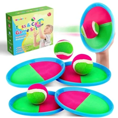 Afbeelding van Weokeey Klittenbandbalspel voor kinderen, klittenbandbalset met 4 rackets en ballen, kinderspeelgoed, waterdicht, werpspel, kinderspellen vanaf 2, 3, 4, 5, 6 jaar, partyspelletjes jongens meisjes