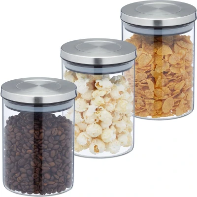 Afbeelding van Relaxdays voorraadpot met rvs deksel set van 3 opbergpot koffiebonen bewaarpot glas
