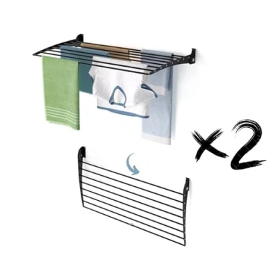 Afbeelding van foxydry Fold Droogrek voor aan de muur, uittrekbaar, verticaal, opvouwbaar, binnen en buiten, van aluminium staal, 102 x 50 cm (zwart, neersluiting, 2 laags, 100)