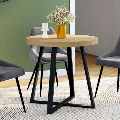 Image de Table à manger ronde 80 cm 4 personnes en bois et pieds noirs style industriel IDMarket