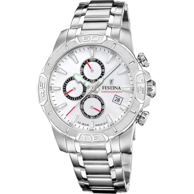 Afbeelding van Festina F20704/1 Heren Horloge Chronograaf Mineraalglas Roestvrijstaal/Leer Zilverkleurig Quartz Gesp 10 ATM (zwemmen)