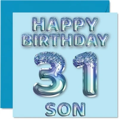 Afbeelding van Verjaardagskaart 31 jaar voor zoon, blauwe glitterballonnen, verjaardagskaarten jarige zoon van mama en papa, 145 mm x