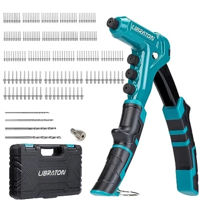 Afbeelding van Libraton Klinknagelpistool met één hand, professioneel pop klinknagelpistool, handmatig klinknagelgereedschap 200 metalen klinknagels, inclusief 4 boren, verwisselbare koppen zonder gereedschap,