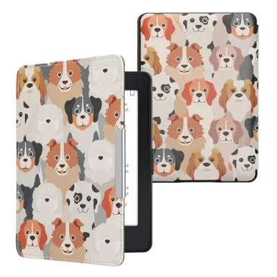 Afbeelding van kwmobile E reader hoesje geschikt voor Amazon Kindle Paperwhite hoes flip case met magnetische sluiting Ereader cover Honden Ontwerp design in wit / lichtbruin grijs