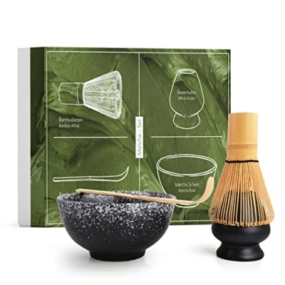 Afbeelding van matcha set van bezem, kom, lepel en bezemhouder handgemaakte cadeauset voor de traditionele bereiding thee