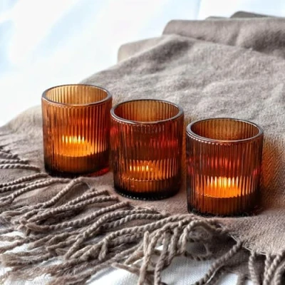 Afbeelding van Vohocandle Set van 12 bruine geribbelde theelichthouders voor bruiloftstafeldecoratie feest en vakantie